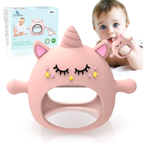Tinabless Teething Toys for Babies 6-12 Months, Tinabless Unicorn Never Drop Silicone Teether Designed for Babies 0-6 Months, Car Seat Toy for New Born, Natural Organic Baby Teether for Boys&Girls, Pink - Image 1