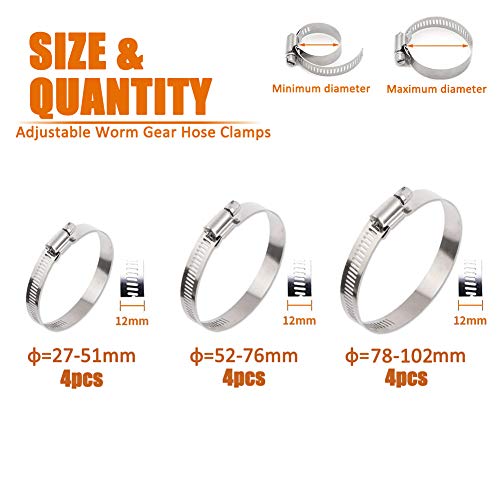 ISPINNER 12pcs 304 Stainless Steel Adjustable 27-102mm Range Worm Gear Hose Clamps Assortment Kit 2 Inch, 3 Inch, 4 Inch (Silver) - Image 2