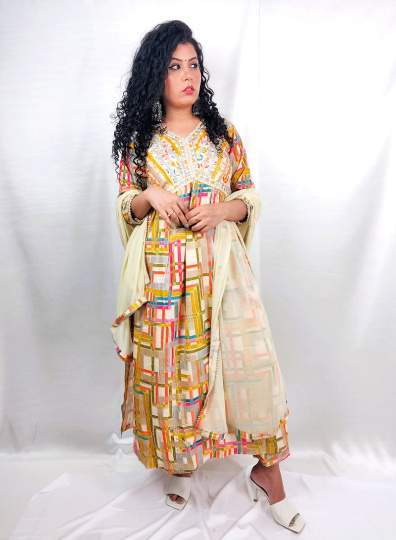 PRIYA’S PANACHE PRIYA'S PANACHE Multicolor Alia Cut Heavy Rayon Kurta Pant Dupatta Set - Designer Festival Traditional Ethnic Indian Partywear for Women  - Image 1