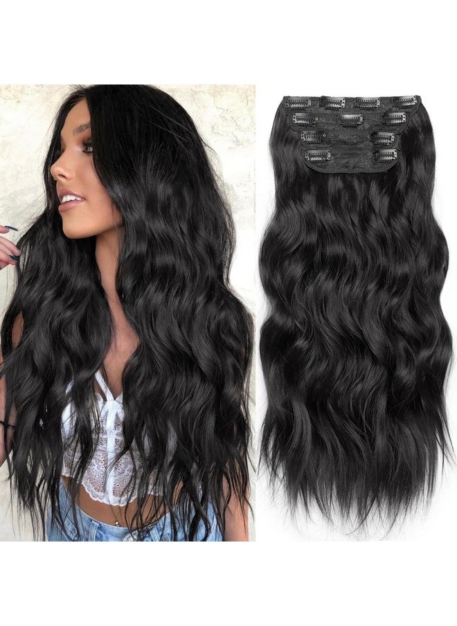 KooKaStyle Clip In Synthetic Hair Extensions Long Wavy 4Pcs Thick Hairpieces Black Fiber Double Weft Natural Hair Extensions 20 Inch For Women  - Image 1