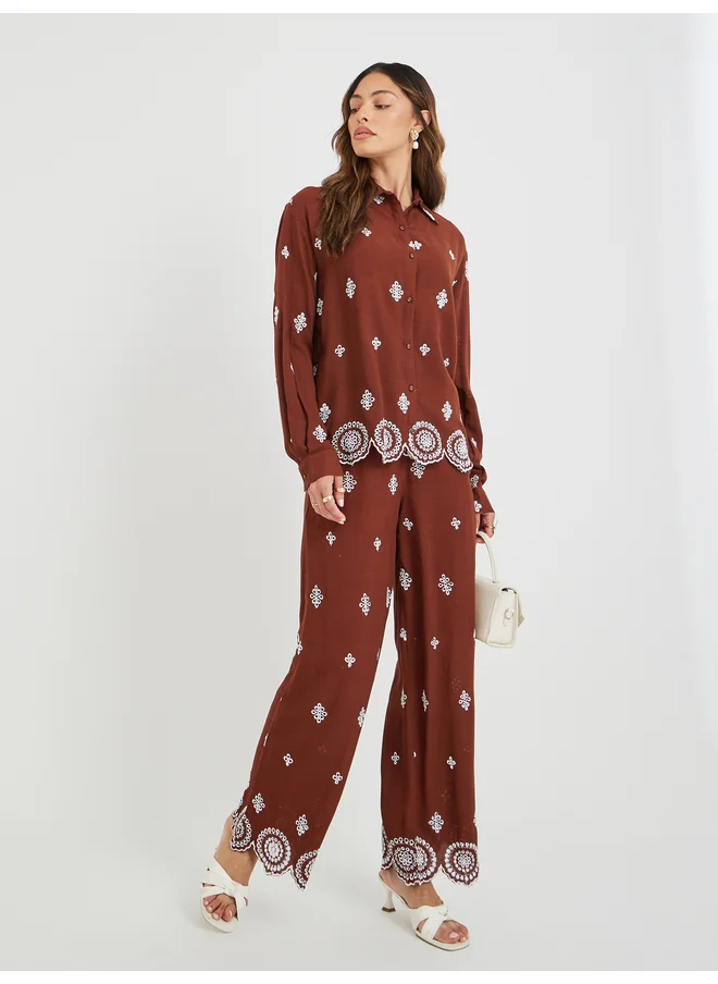 Styli Styli Schiffli Long Sleeve Shirt and Wide Leg Pants Co-Ords