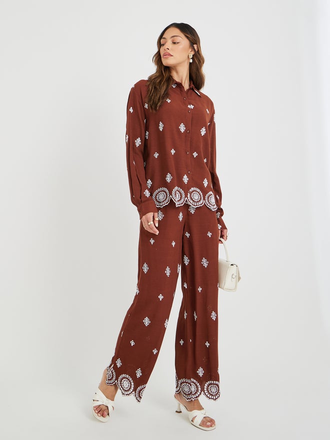Styli Styli Schiffli Long Sleeve Shirt and Wide Leg Pants Co-Ords  - Image 2