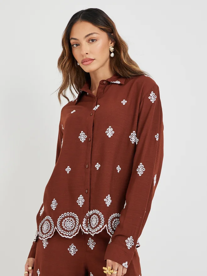 Styli Styli Schiffli Long Sleeve Shirt and Wide Leg Pants Co-Ords