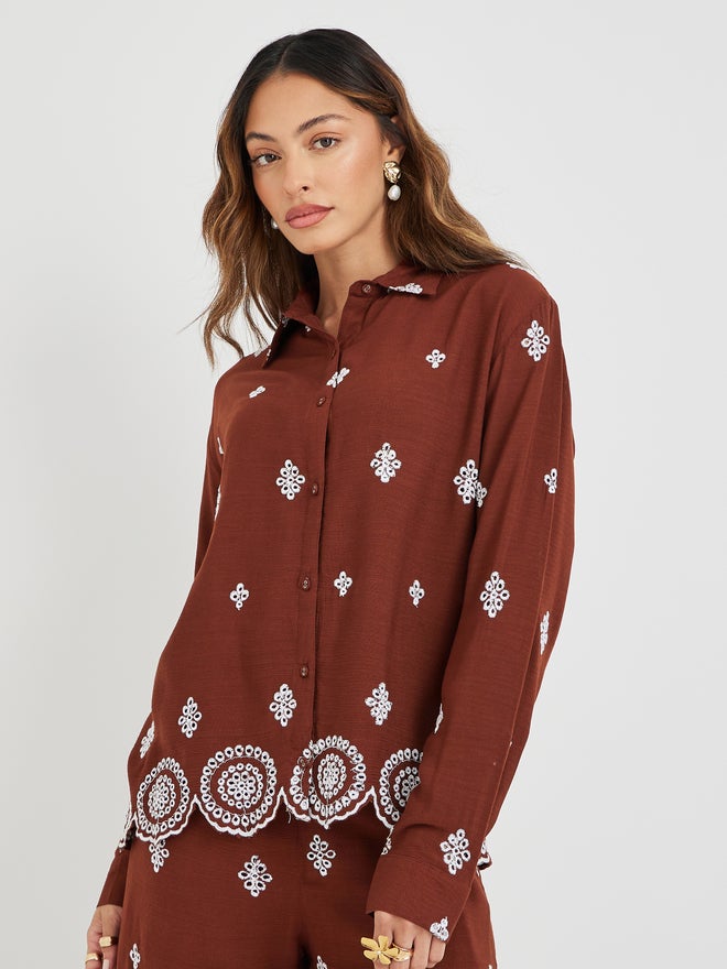 Styli Styli Schiffli Long Sleeve Shirt and Wide Leg Pants Co-Ords  - Image 3