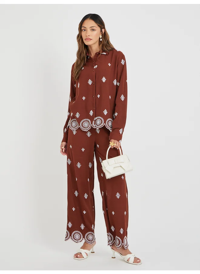 Styli Styli Schiffli Long Sleeve Shirt and Wide Leg Pants Co-Ords