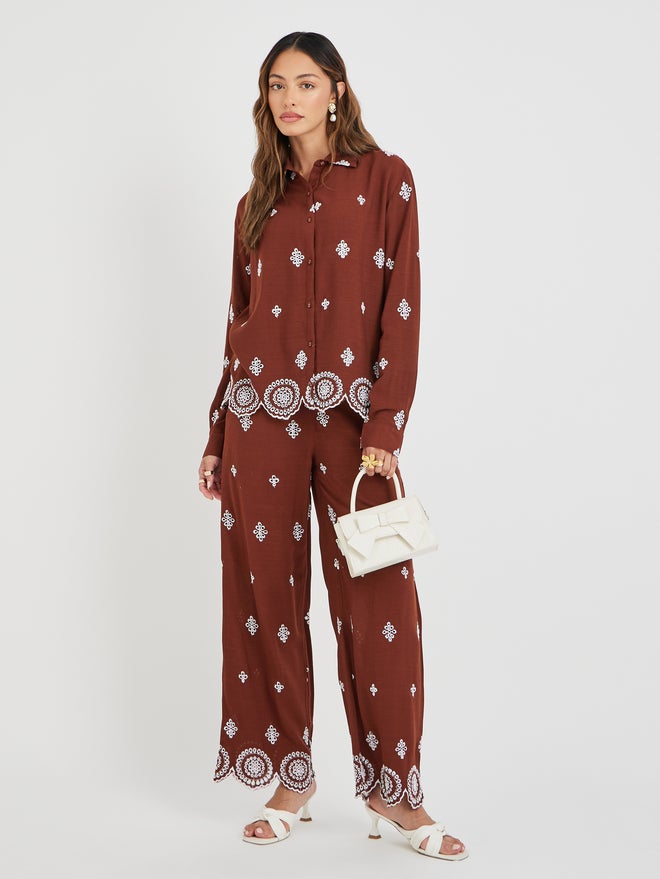 Styli Styli Schiffli Long Sleeve Shirt and Wide Leg Pants Co-Ords  - Image 1