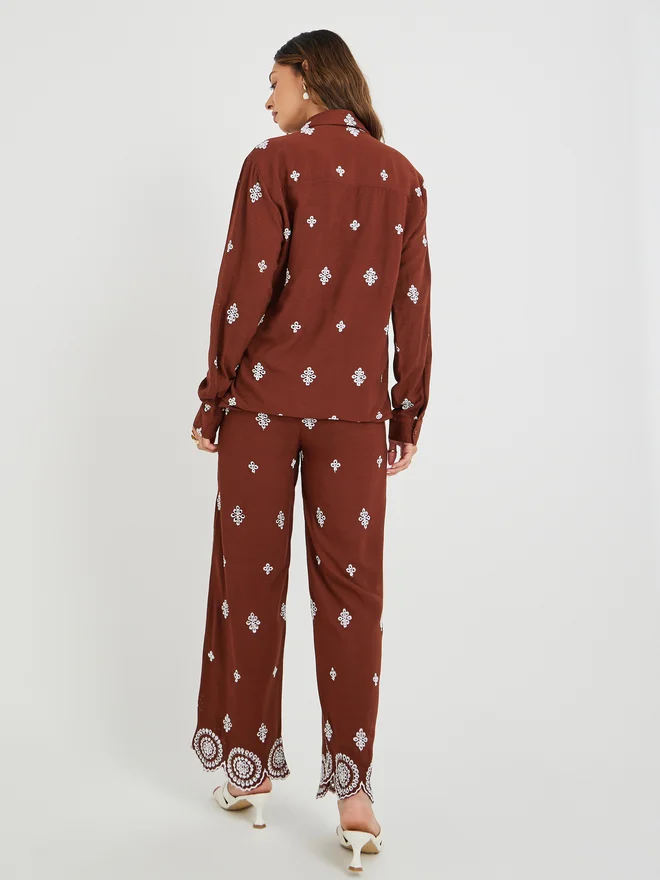 Styli Styli Schiffli Long Sleeve Shirt and Wide Leg Pants Co-Ords