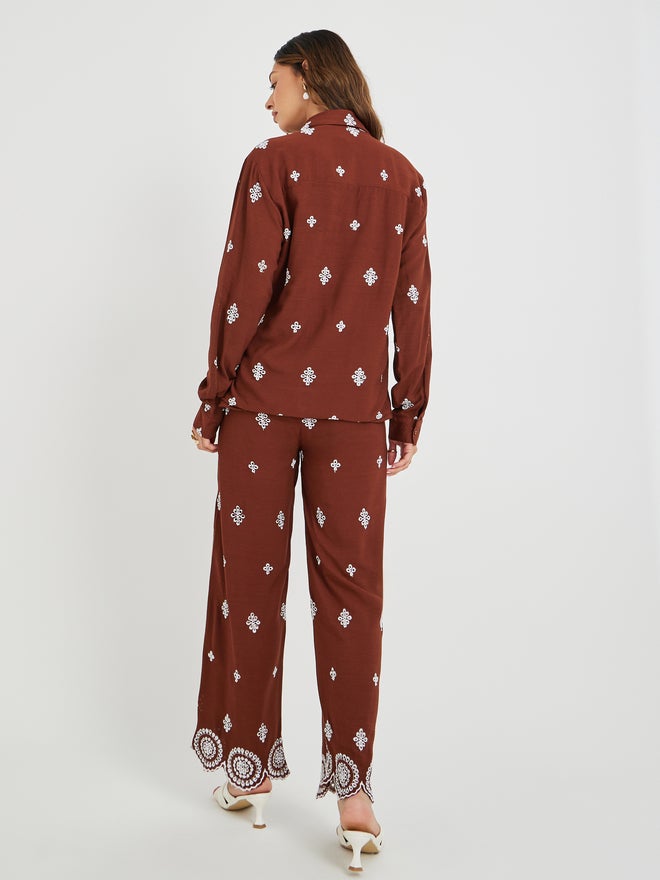Styli Schiffli Long Sleeve Shirt and Wide Leg Pants Co-Ords