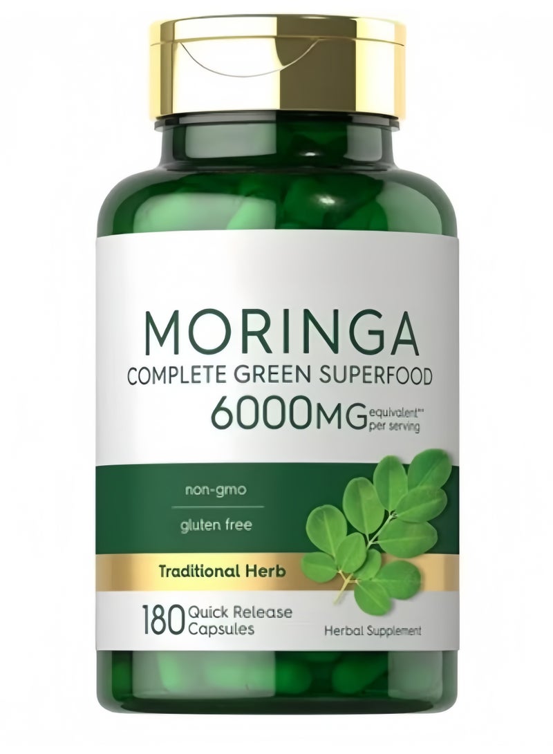 Moringa Oleifera Capsules 6000mg, 180 Count Complete Green Superfood, Quick Release Herbal Supplement, Non-GMO, Gluten Free, Soy Free, Lactose Free, No Artificial Additives, Antioxidant & Energy Support for Daily Wellness - Image 1