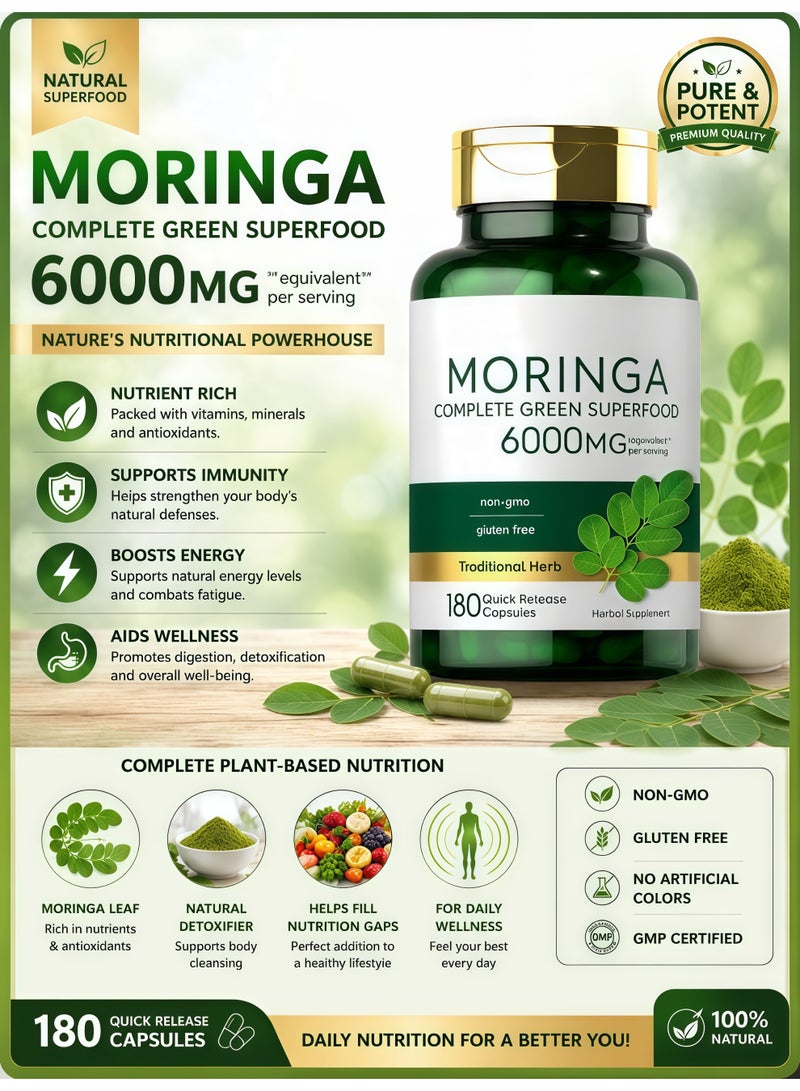 Moringa Oleifera Capsules 6000mg, 180 Count Complete Green Superfood, Quick Release Herbal Supplement, Non-GMO, Gluten Free, Soy Free, Lactose Free, No Artificial Additives, Antioxidant & Energy Support for Daily Wellness - Image 2