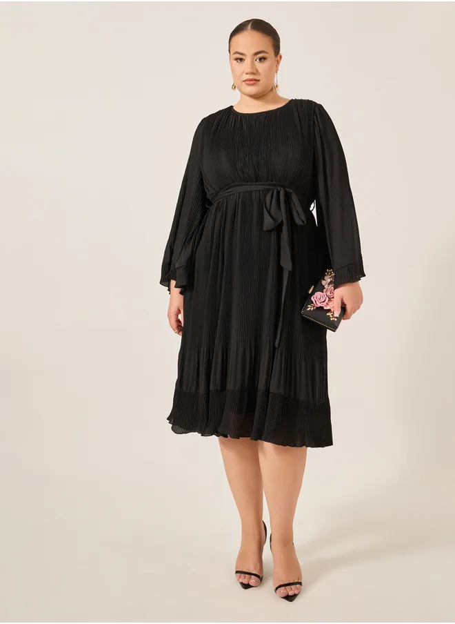 ستايلي Styli Plus Size Pleated Tie-Waist A-Line Midi Dress