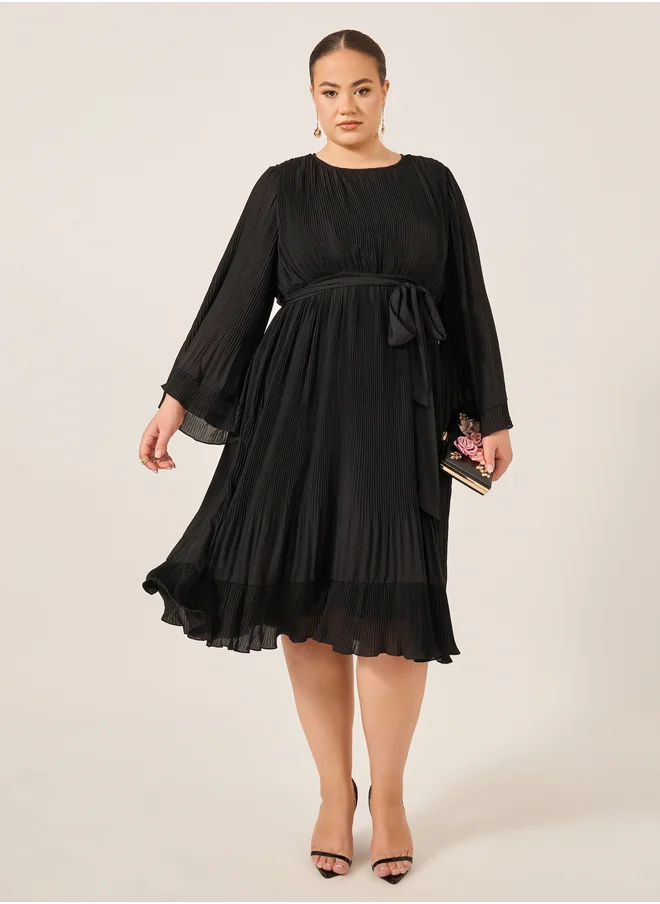 ستايلي Styli Plus Size Pleated Tie-Waist A-Line Midi Dress