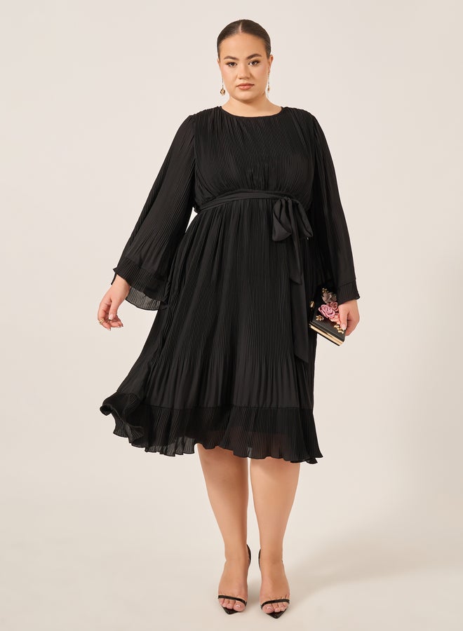 Styli Plus Size Pleated Tie-Waist A-Line Midi Dress - Image 1