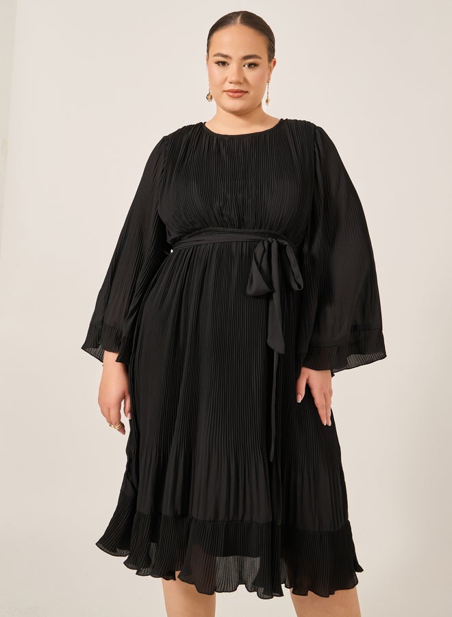 Styli Plus Size Pleated Tie-Waist A-Line Midi Dress - Image 3