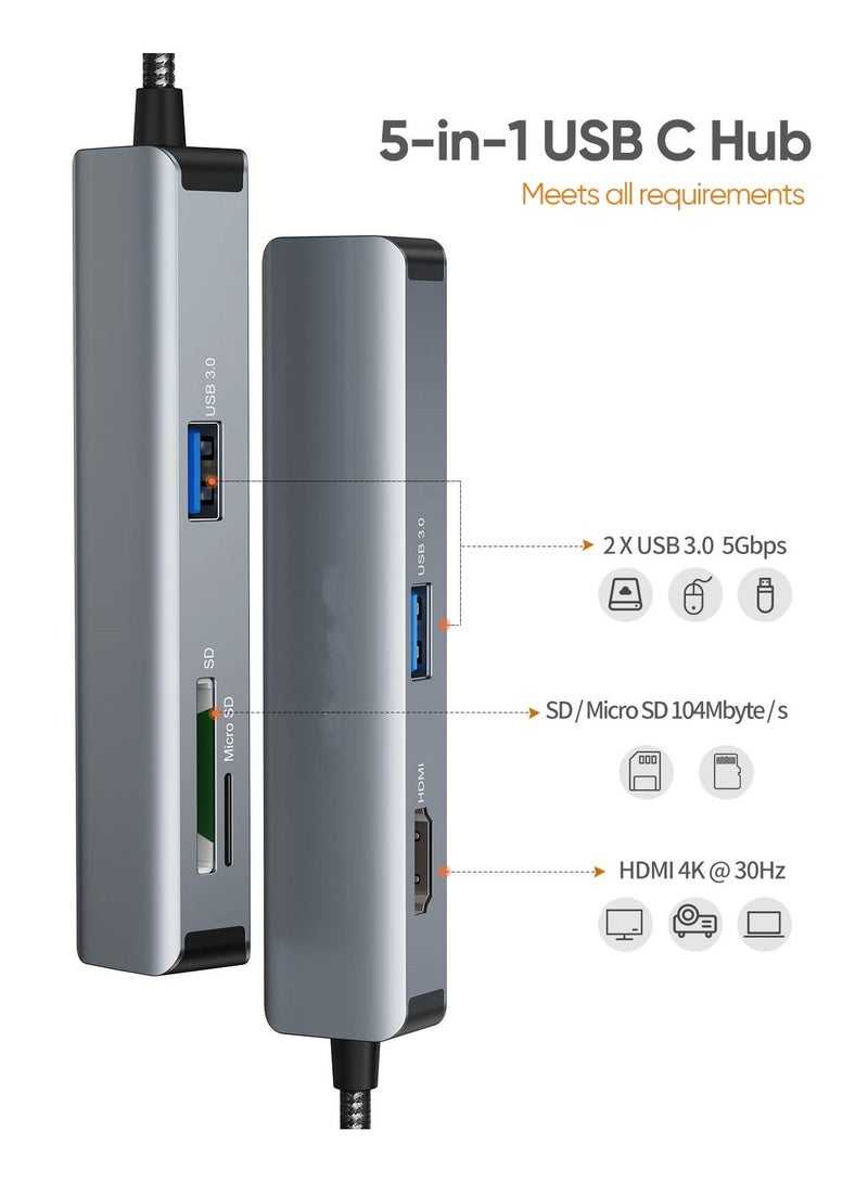 Captaintech SYOSI USB C Hub, 5-in-1 USB C Hub Multiport Adapter with 4K HDMI, 2 USB 3.0, SD/Micro SD Card Reader for MacBook Pro/Air, iPad Pro, Surface Pro, XPS, and More - Image 2