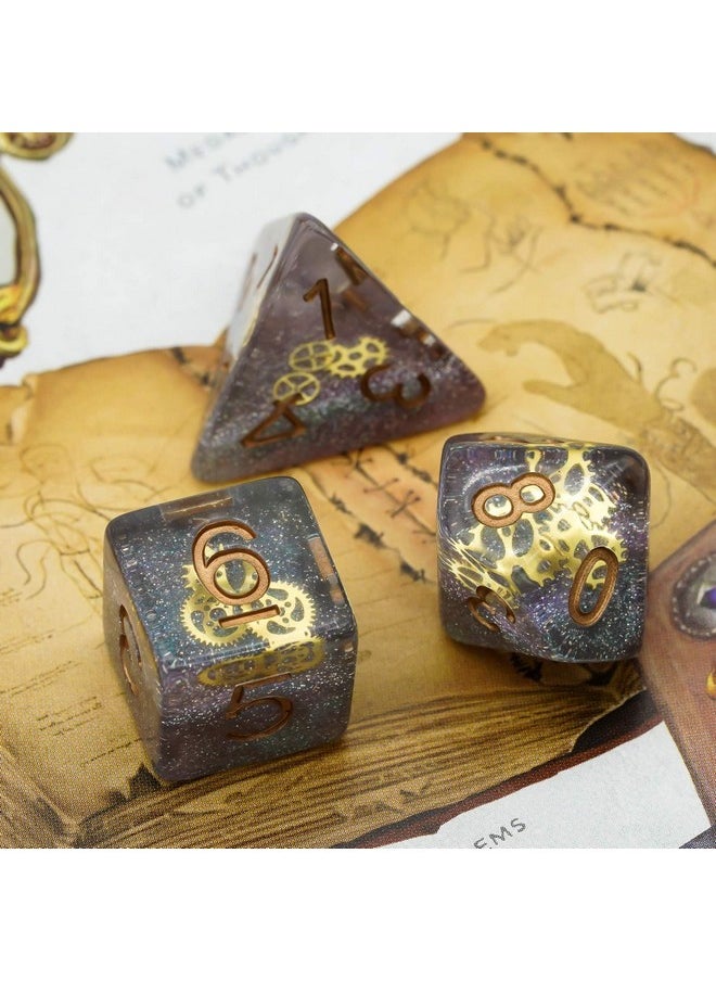 cusdie Cusdie DND Dice Set Filled with Gears Polyhedral Dice Sets for Dungeons and Dragons Playing DND Dice (Galaxy w/Golden Gears)  - Image 2