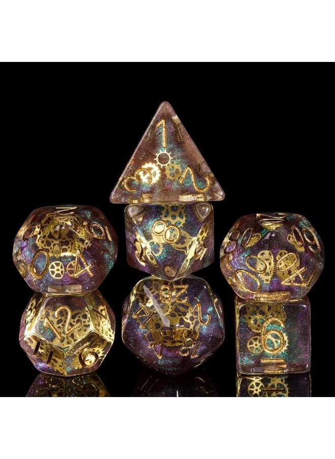 cusdie Cusdie DND Dice Set Filled with Gears Polyhedral Dice Sets for Dungeons and Dragons Playing DND Dice (Galaxy w/Golden Gears)  - Image 1