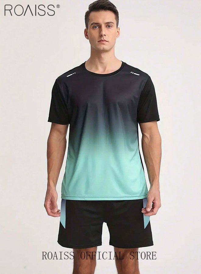 roaiss Men 2PCS Quick Dry Tracksuit, Crew Neck Short Sleeve Top and Elastic Waistband Shorts Set, Casual Gradient Sweat Suit for Men, Suitable for Daily Wear, Physical Activities or Any Occasion - Image 2
