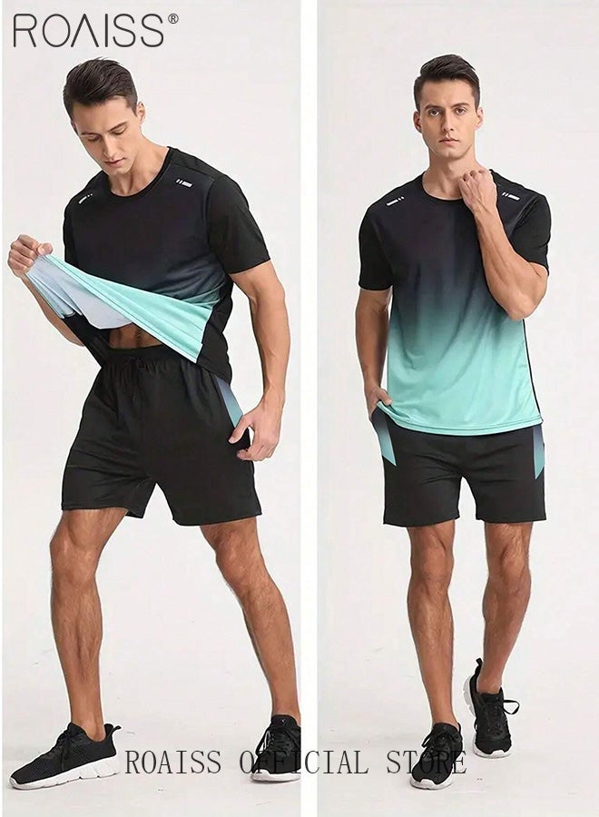 roaiss Men 2PCS Quick Dry Tracksuit, Crew Neck Short Sleeve Top and Elastic Waistband Shorts Set, Casual Gradient Sweat Suit for Men, Suitable for Daily Wear, Physical Activities or Any Occasion - Image 3
