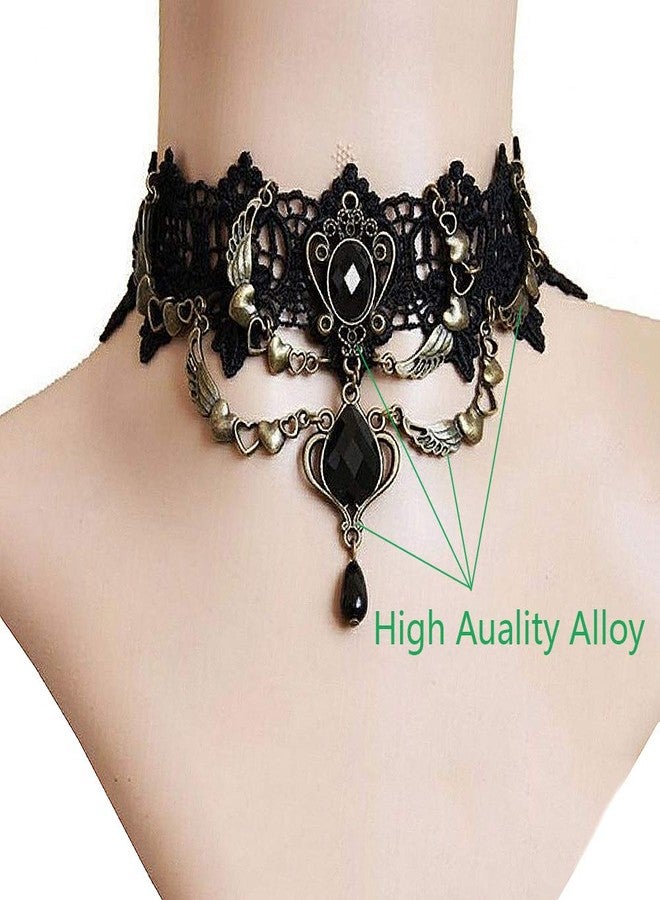 Jurxy Lace Choker Necklace with Bracelet Set Punk Party Gothic Vintage Handmade Retro Victorian Vampire Punk Pendant Necklace Bracelet Wristband for Women Black- Style 2 - Image 4