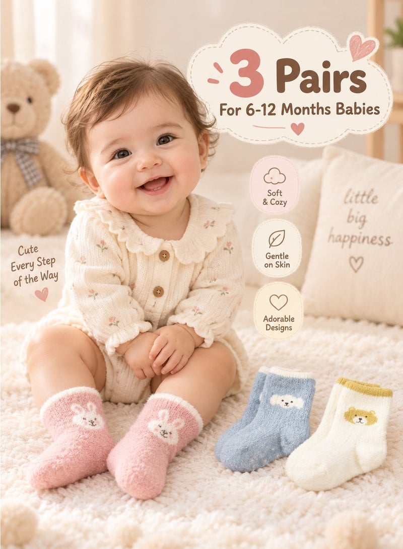 Baby Socks 3 Pairs Thick Warm Winter Socks in Light Blue, Pink and Off-White With Cute Animal Designs and Anti-Slip Sole, 6-12 Months - Image 1
