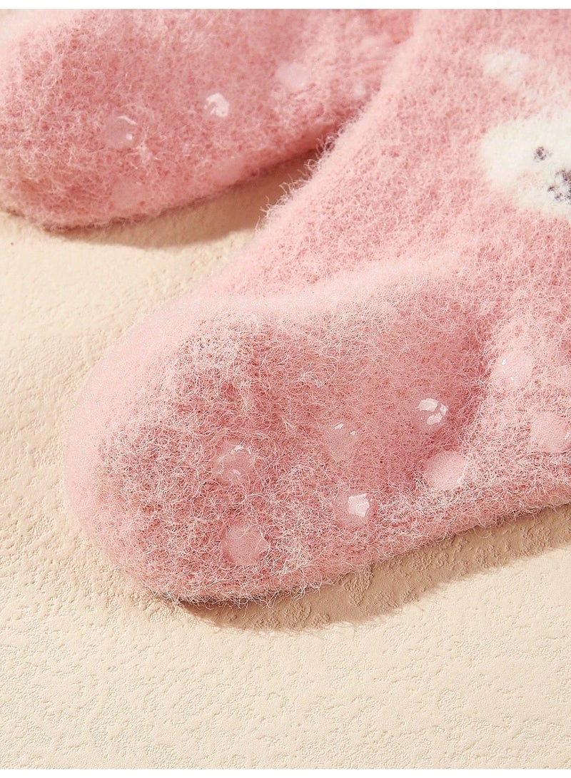 Baby Socks 3 Pairs Thick Warm Winter Socks in Light Blue, Pink and Off-White With Cute Animal Designs and Anti-Slip Sole, 6-12 Months - Image 5