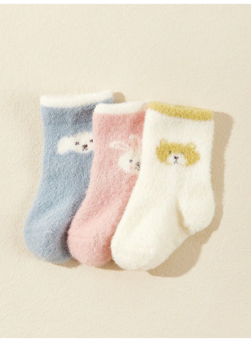 Baby Socks 3 Pairs Thick Warm Winter Socks in Light Blue, Pink and Off-White With Cute Animal Designs and Anti-Slip Sole, 6-12 Months - Image 4