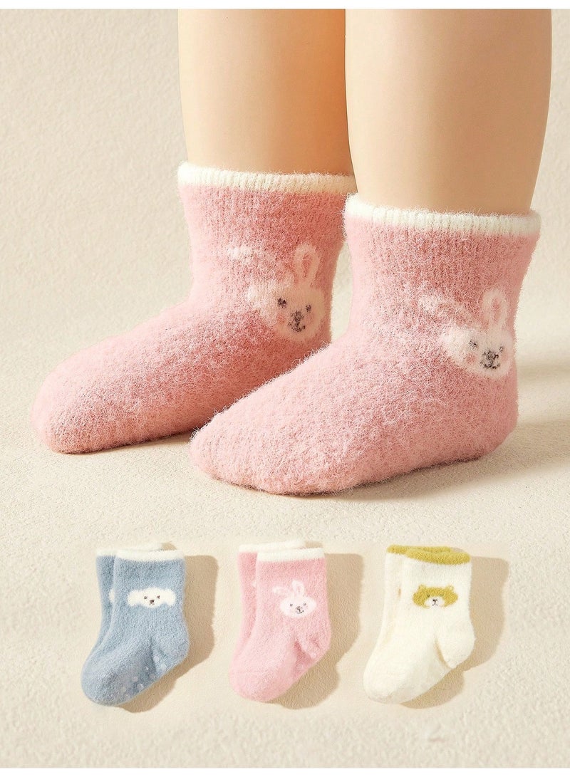 Baby Socks 3 Pairs Thick Warm Winter Socks in Light Blue, Pink and Off-White With Cute Animal Designs and Anti-Slip Sole, 6-12 Months - Image 2