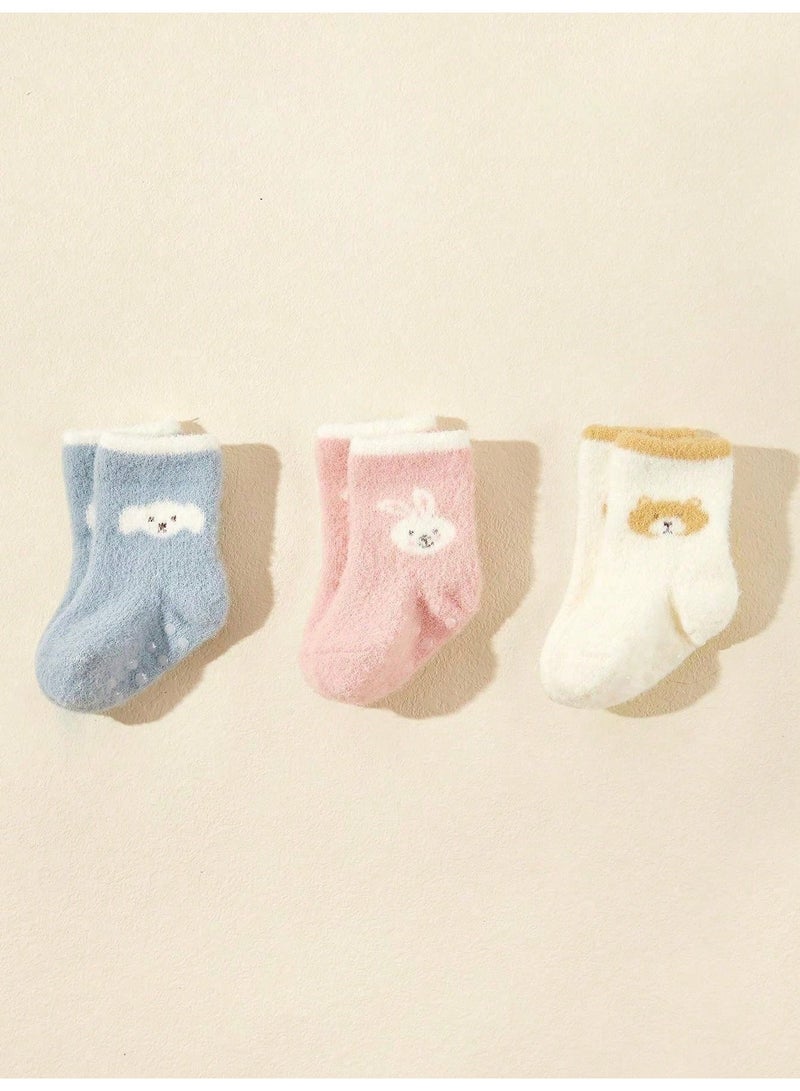 Baby Socks 3 Pairs Thick Warm Winter Socks in Light Blue, Pink and Off-White With Cute Animal Designs and Anti-Slip Sole, 6-12 Months - Image 3