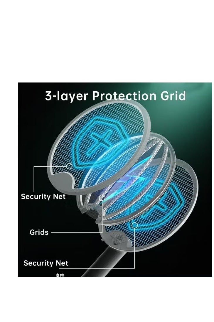 مضرب كهربائي لقتل الذباب - مضرب حشرات عالي الجهد 3000 فولت قابل لإعادة الشحن عبر USB مع ضوء LED، مقبض قابل للطي 180 درجة، شبكة آمنة ثلاثية الطبقات لمكافحة البعوض للاستخدام الداخلي والخارجي - قاتل حشرات للمنزل والحديقة والسفر - Image 2