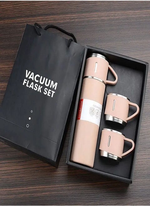 Thermos Bottle Set Double-Layer Stainless Steel Vacuum Flask Travel Water Bottle with 3 Steel Cups 500ml-Pink