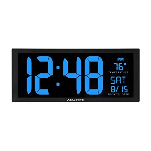 AcuRite 75152M Oversized Blue LED Clock with Indoor Temperature, Date and Fold-Out Stand, 14.5-Inch - Image 1