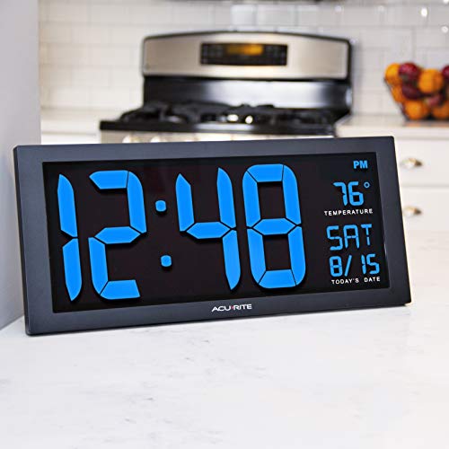 AcuRite 75152M Oversized Blue LED Clock with Indoor Temperature, Date and Fold-Out Stand, 14.5-Inch - Image 3