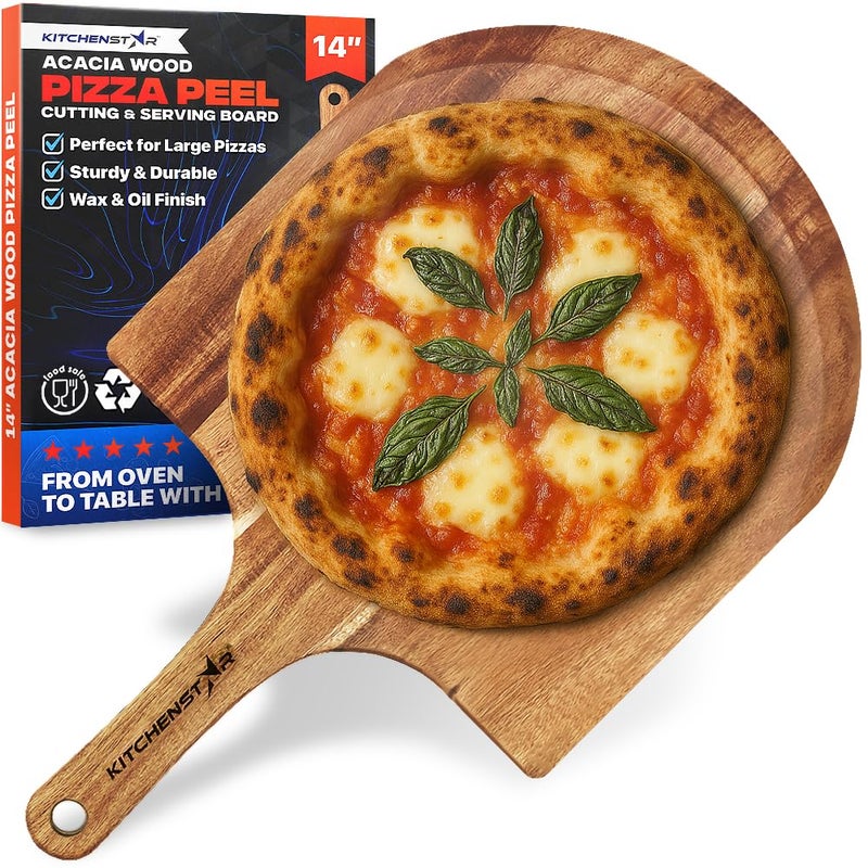 KitchenStar 14Inch Acacia Wood Pizza Peel  Large Wooden Cutting  Serving Board with Handle  Natural Oil Finish  Ideal Pizza Oven Accessory for Easy Sliding  Prep