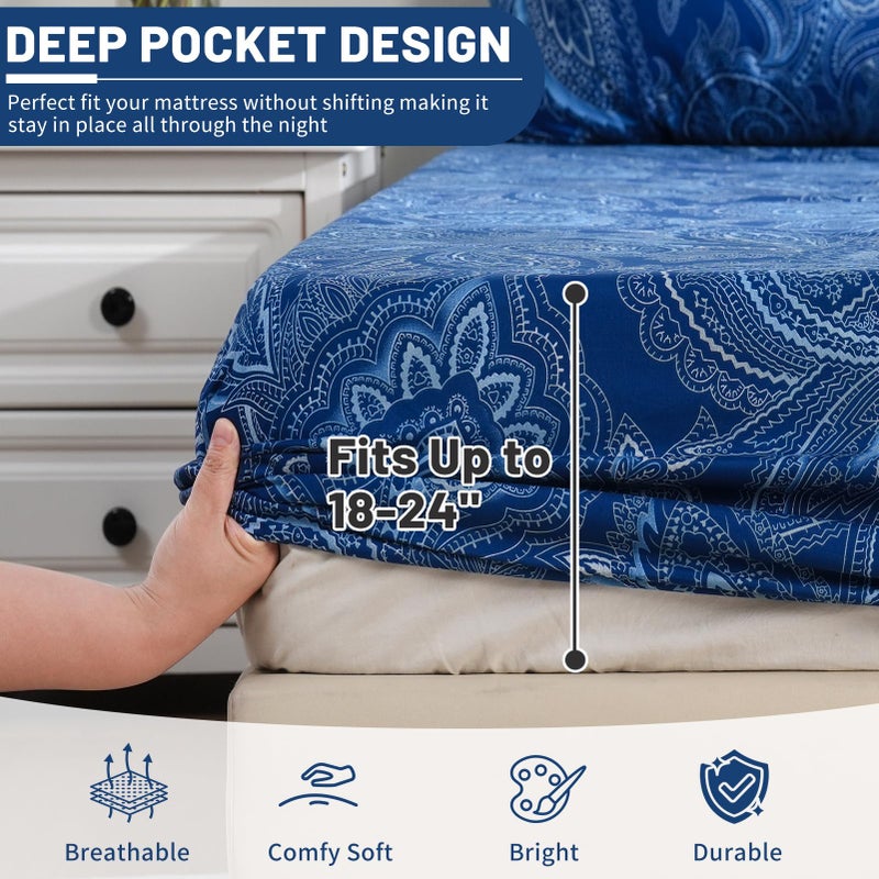 Bedlifes Queen Size Extra Deep Pocket Sheet Sets - Fits Mattresses Up to 18-24" Thick, 4-Piece Microfiber Set with 1800 Thread Count, Soft, Smooth, Breathable, Featuring Paisley Dark Navy Blue - Image 2