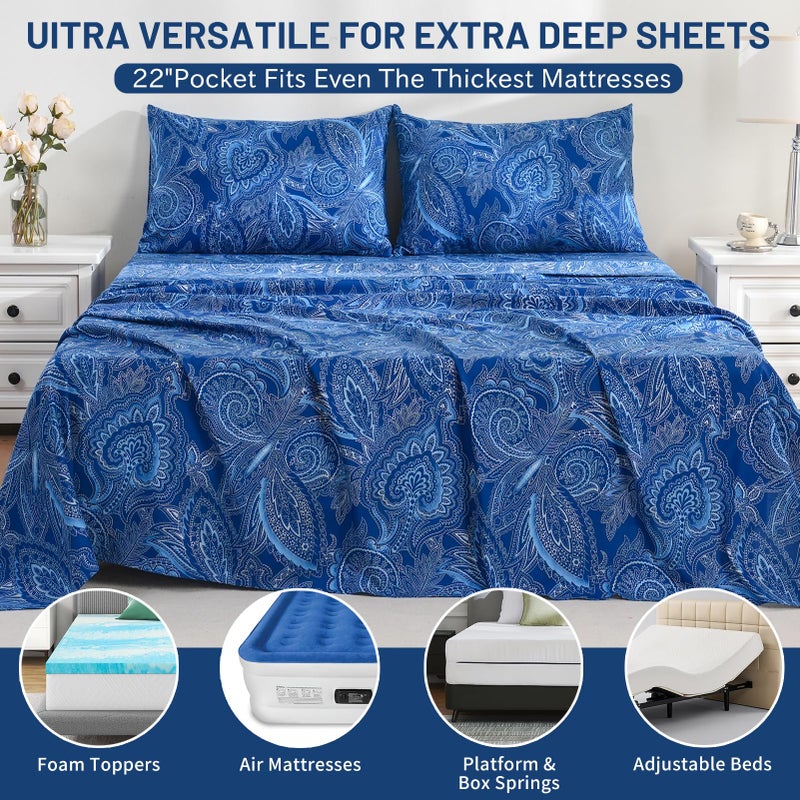 Bedlifes Queen Size Extra Deep Pocket Sheet Sets - Fits Mattresses Up to 18-24" Thick, 4-Piece Microfiber Set with 1800 Thread Count, Soft, Smooth, Breathable, Featuring Paisley Dark Navy Blue - Image 5