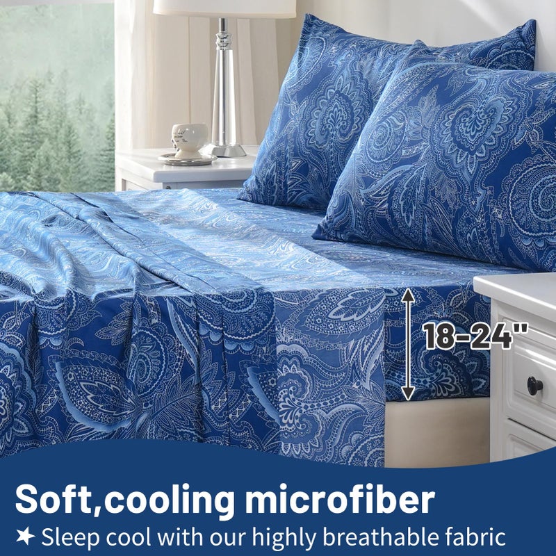 Bedlifes Queen Size Extra Deep Pocket Sheet Sets - Fits Mattresses Up to 18-24" Thick, 4-Piece Microfiber Set with 1800 Thread Count, Soft, Smooth, Breathable, Featuring Paisley Dark Navy Blue - Image 3