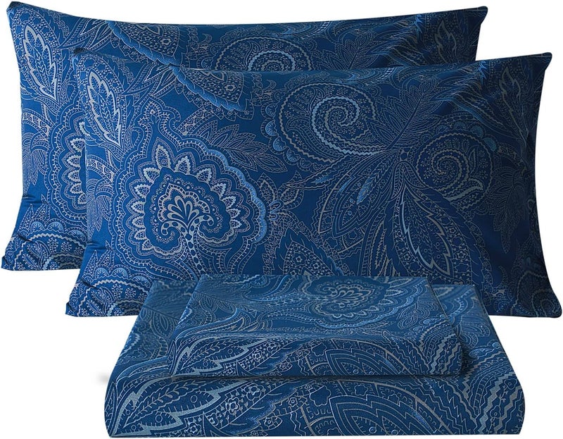 Bedlifes Queen Size Extra Deep Pocket Sheet Sets - Fits Mattresses Up to 18-24" Thick, 4-Piece Microfiber Set with 1800 Thread Count, Soft, Smooth, Breathable, Featuring Paisley Dark Navy Blue - Image 1