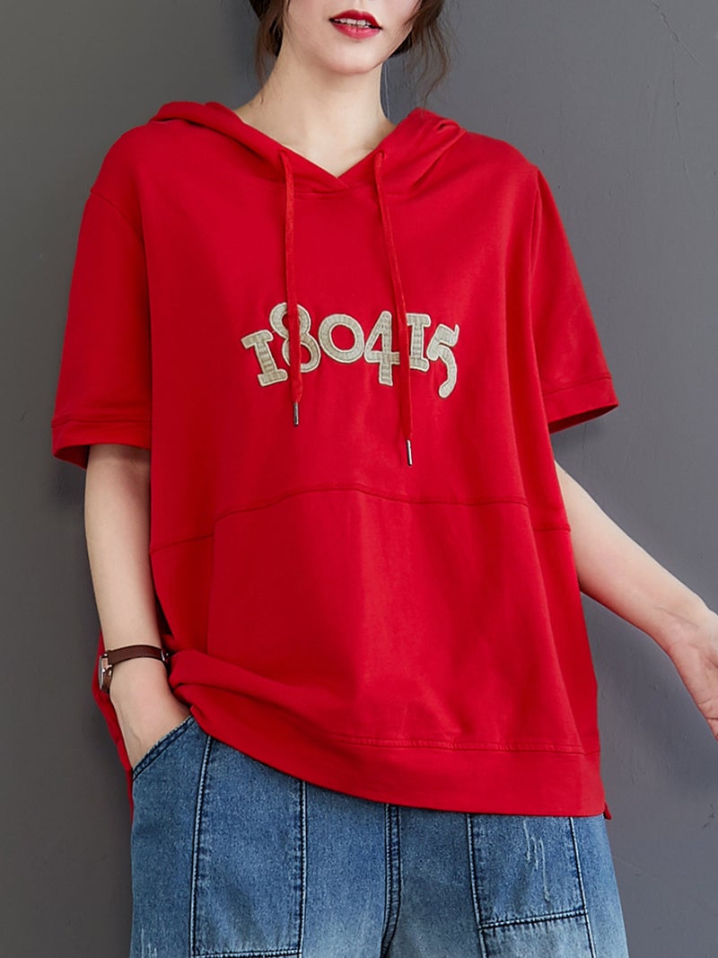 Women Loose Hoodie Short Sleeved Numbers Embroidery T-Shirts - Image 2