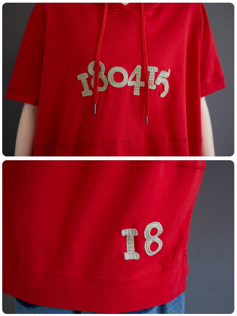 Women Loose Hoodie Short Sleeved Numbers Embroidery T-Shirts - Image 3