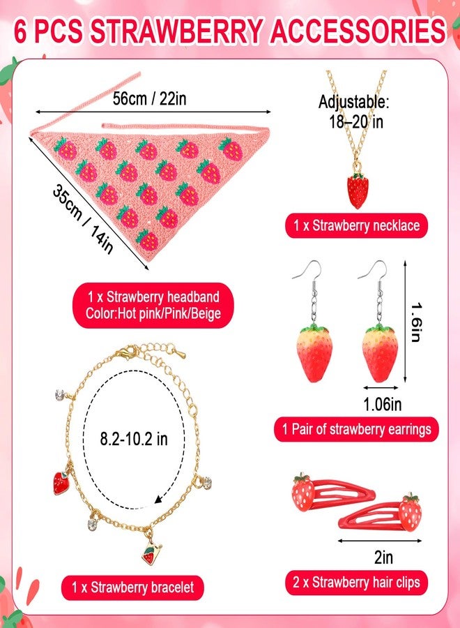 تونديامو مجموعة إكسسوارات شعر تونديامو المكونة من 6 قطع بنقشة الفراولة: باندانا شعر كروشيه، قلادة، أقراط، سوار، مشابك شعر، هدية مثالية (لون وردي). - Image 4