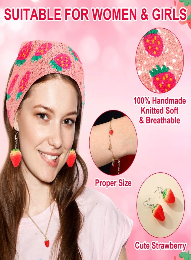 تونديامو مجموعة إكسسوارات شعر تونديامو المكونة من 6 قطع بنقشة الفراولة: باندانا شعر كروشيه، قلادة، أقراط، سوار، مشابك شعر، هدية مثالية (لون وردي). - Image 3