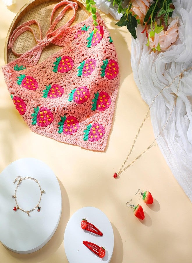 تونديامو مجموعة إكسسوارات شعر تونديامو المكونة من 6 قطع بنقشة الفراولة: باندانا شعر كروشيه، قلادة، أقراط، سوار، مشابك شعر، هدية مثالية (لون وردي). - Image 2