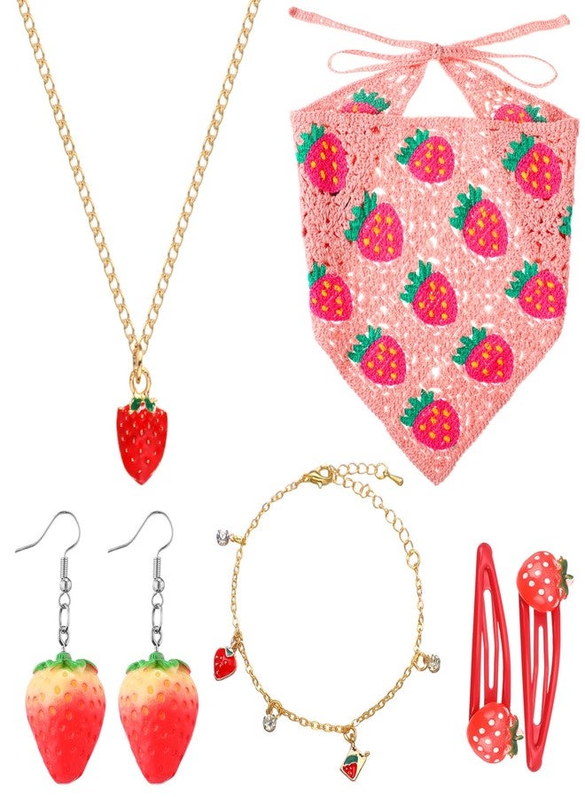 تونديامو مجموعة إكسسوارات شعر تونديامو المكونة من 6 قطع بنقشة الفراولة: باندانا شعر كروشيه، قلادة، أقراط، سوار، مشابك شعر، هدية مثالية (لون وردي). - Image 1