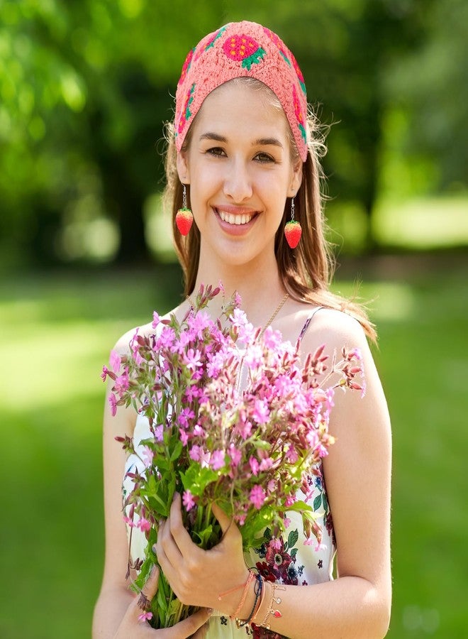 تونديامو مجموعة إكسسوارات شعر تونديامو المكونة من 6 قطع بنقشة الفراولة: باندانا شعر كروشيه، قلادة، أقراط، سوار، مشابك شعر، هدية مثالية (لون وردي). - Image 5