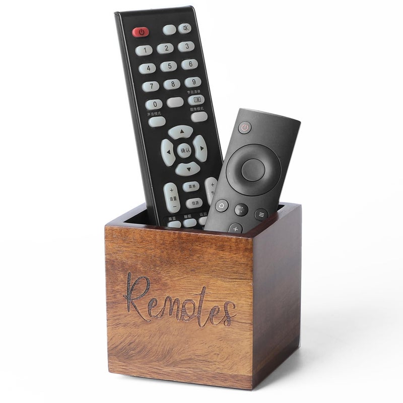 LBEMEY Acacia Wood TV Remote Holder, Caddy and Organizer for Table, Vintage Farmhouse Desk Caddy (Brown for 2 or 3 Remote Controls) - Image 1