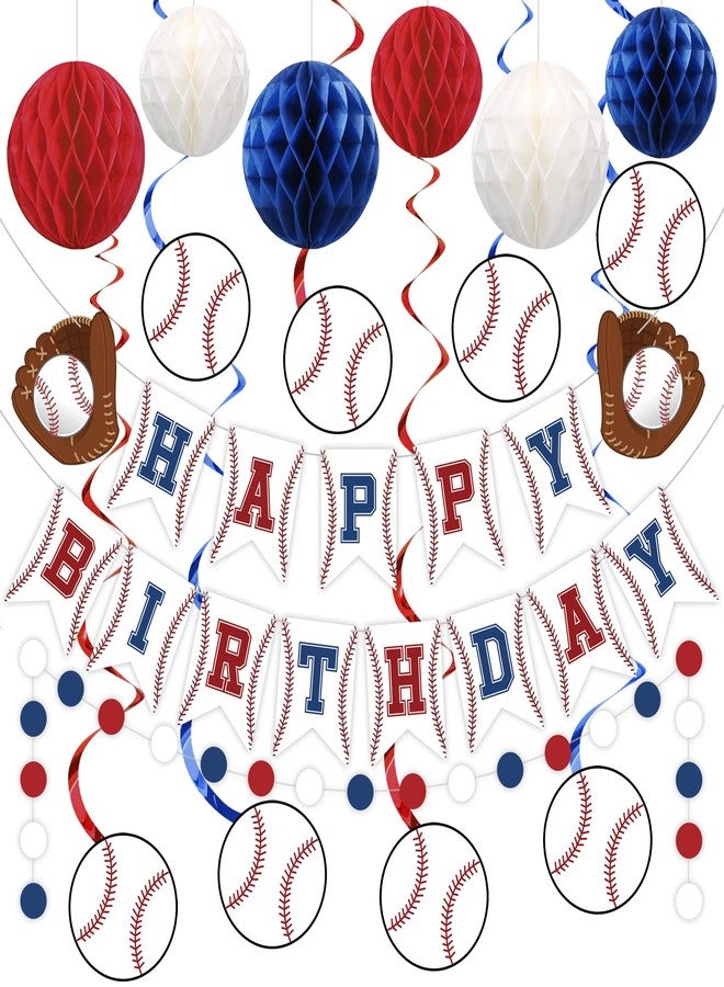 Maniaacer Baseball Party Decorations Happy Birthday Banner Baseballs Honeycomb Balls Hanging Swirls Circle Dot Garland for Baseball Sports Themed Birthday Party Decorations - Image 1