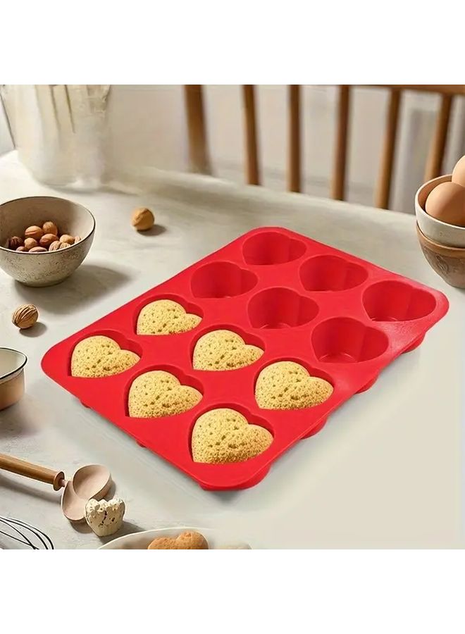 Red Heart Shaped Silicone Baking Mold 12 Cavity Non Stick Cake Brownie Mold - Image 1