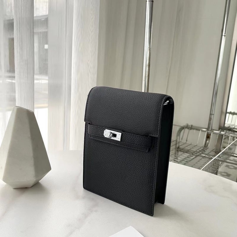 Genuine Leather Kelly Vertical Mobile Phone Bag Simple Top Layer Litchi Pattern Single Shoulder Oblique Cowhide Women'S All-Match Silver Button Bag - Image 1