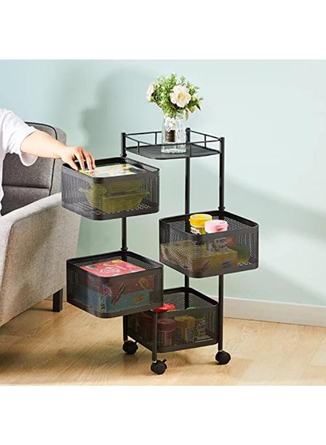 Metal Trolley Squared Turbo 5 Units With Wheels For Kitchen Organization-Black